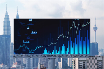 Forex and stock market chart hologram on road billboard over panorama city view of Kuala Lumpur. KL is the financial center in Malaysia, Asia. The concept of international trading.