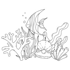 The bottom of the ocean with marine life and algae. Doodle style, hand drawn.