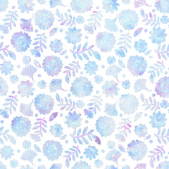 Seamless pattern. Floral ornament. Raster illustration. Light grunge retro background with blue flowers for design. Printing on fabric or paper.