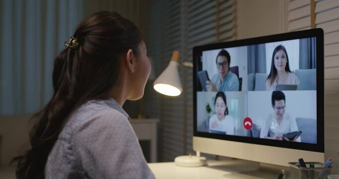 Happy smile asia young talent woman learn mba college class on webcam video call in desktop screen with cowork friend workforce group talk in sale report. Smart job work at home for staff workspace.