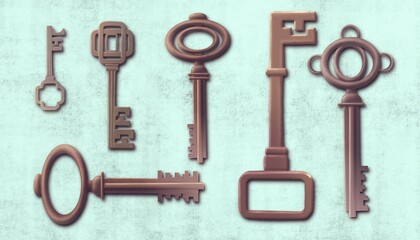 Concept idea art of key, choice, solution, success and business. Surreal conceptual artwork. 3d illustration.