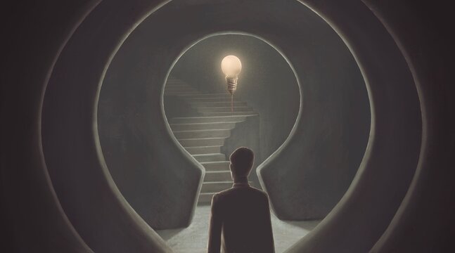 Success ambition and dream concept idea. Surreal artwork. Businessman with a stair to a light buib in a key hole gate, business background 3d illustration. painting