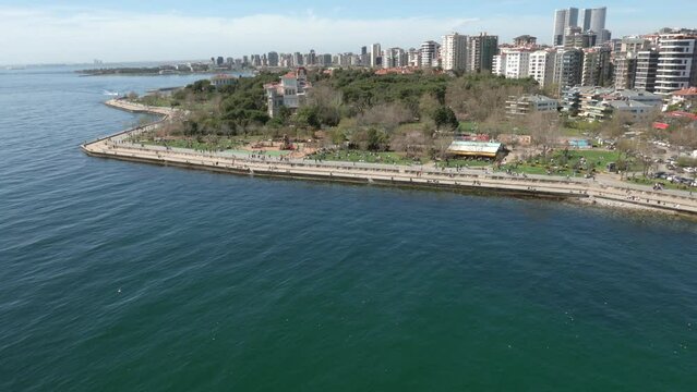 Aerial view of park in Caddebostan district on the Marmara Sea coast of the Asian side of Istanbul, Turkey.