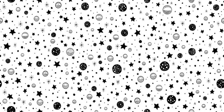 Star space pattern. Vector seamless background with space sky, moon, mystic astrologic print. Galaxy, moon, sun abstract magic black texture. Universe design illustration. Black star pattern seamless