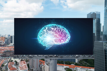 Brain hologram on billboard with Singapore cityscape background at day time. Street advertising poster. Front view. The largest science hub in Southeast Asia. Coding and high-tech science.