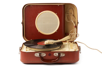 Vintage portable record player isolated on white