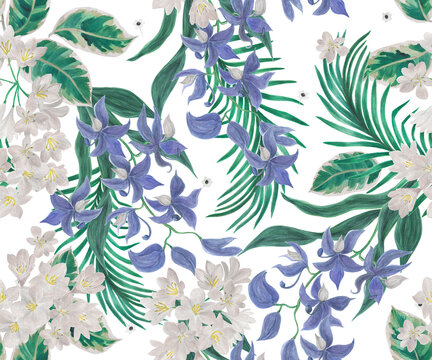 Tropical seamless pattern with beautiful exotic orchid flowers, palm and ficus leaves. Watercolor painting botanical background