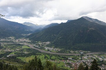 Fototapeta na wymiar Aerial view of Sutrio Village and BUT RIVER in Northern Italy