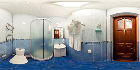 seamless 360 panorama in interior of  bathroom of cheap hotel,  flat or apartments with washbasin...