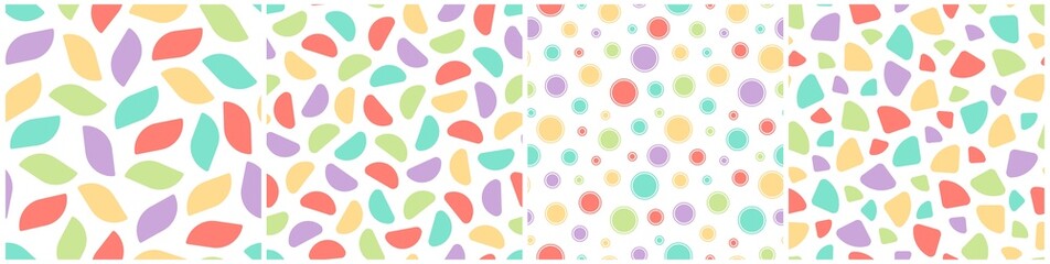 Set of bright vector seamless patterns with colorful mosaic shapes. Trendy abstract vibrant backgrounds. Textile endless prints, stylish textures