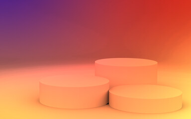 3d yellow orange and purple neon light cylinder podium minimal studio gradient colors background. Abstract 3d geometric shape object illustration render. Display for summer holiday product.