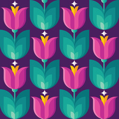 Flowers and leaves background design. Abstract geometric seamless pattern. Decoration floral ornament in retro vintage design style. Red tulip flowers. Mid-century modern vector artwork