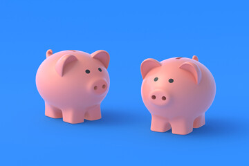 Two piggy banks on blue background. 3d render