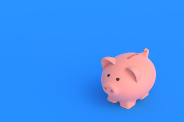 Piggy bank on blue background. Copy space. 3d render