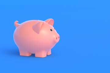 Piggy bank on blue background. Copy space. 3d render