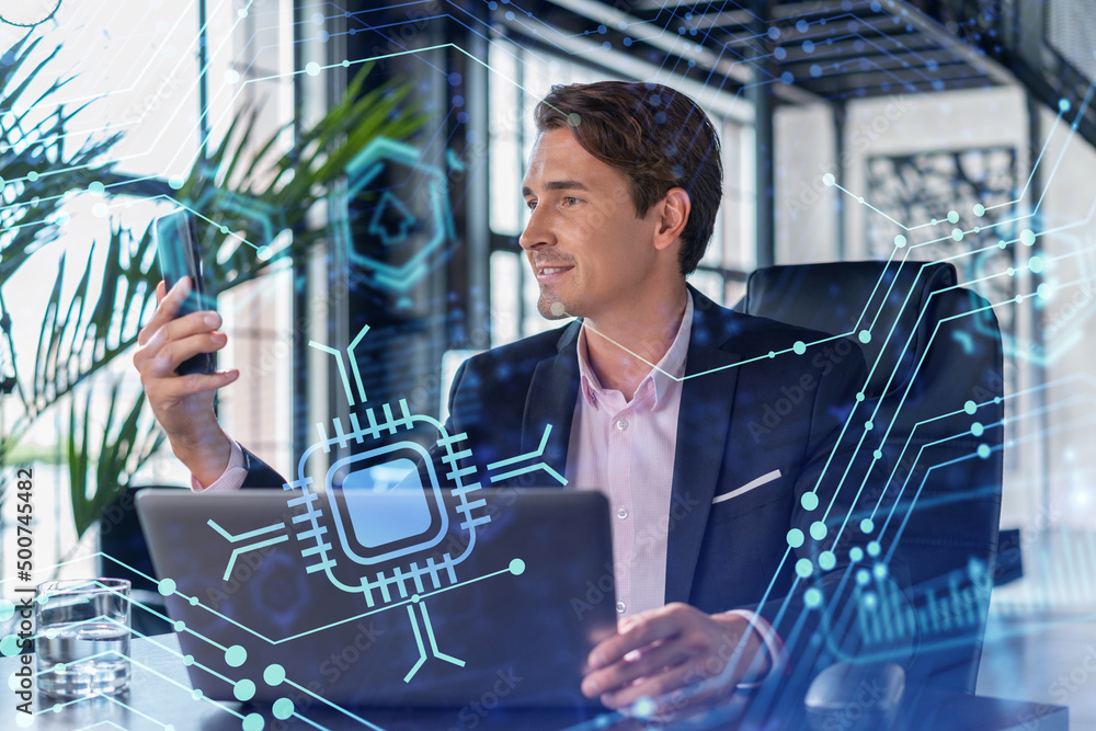 Poster businessman in suit using smart phone to optimize development by implying new technologies in busine
