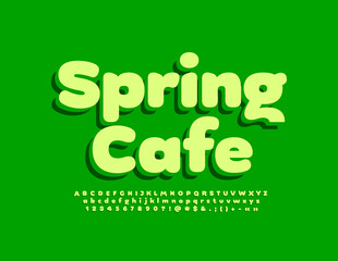 Vector green emblem Spring Cafe. Trendy minimalistic Alphabet Letters, Numbers and Symbols set. 3D Simple Font