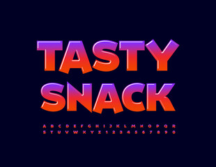 Vector advertising sign Tasty Snack. Color gradient Font. Bright shiny Alphabet Letters and Numbers set