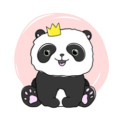 Cute little panda princess. Baby animals with crown kid illustration. Pink doodle background isolated.