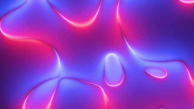 cycled 3d animation, abstract background with wavy lines and curvy shapes glowing with blue red pink neon light