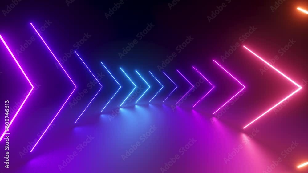 Poster looped 3d animation, abstract geometric background with colorful arrows glowing with neon light, spi