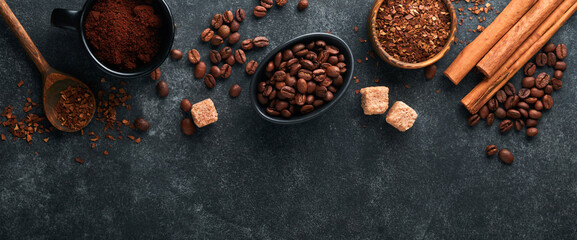 Coffee beans background. Roasted Coffee concept with differents types of coffee, beans and cinnamon...