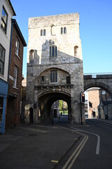Fototapeta na wymiar Monk Bar, York city medieval defensive wall, north east gate house, historic tourist attraction 