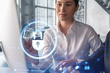 Businessman and businesswoman working together to protect clients confidential information and...