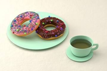 Two donuts and a cup of tea. Light background. Breakfast concept. 3D render