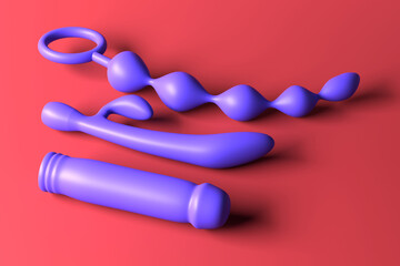 A set of different sex toys. blue vibrator, anal stimulators for intimate games on a red background. 3D render.