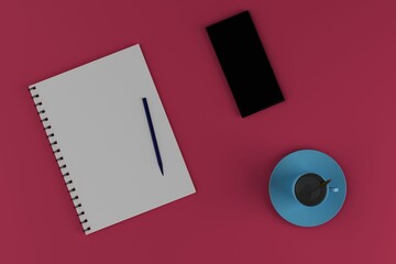Notepad with pen, coffee, phone on a red background. Place for text. Top view. Minimalism. 3D render