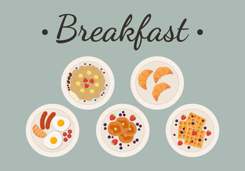 Breakfast. Various breakfasts, top view. Porridge, croissants, eggs and sausages, pancakes, waffles. Vector illustration.