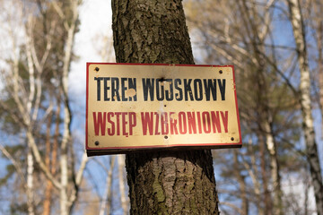 A sign informing about the military area. Inscription in Polish.  - 500749260