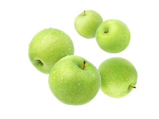 Green apples with water droplets isolated on white background.