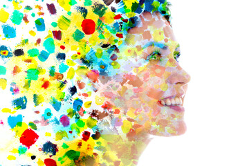 Paintography. Colorful painting combined with a portrait of a smiling woman