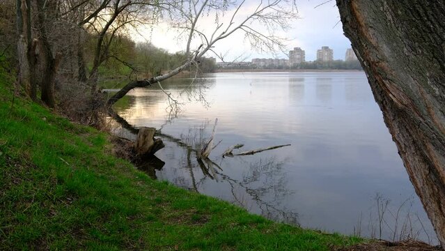 Cheha lake in Sumy city downtown sky reflect cityscape bird's view from park, people in harmony