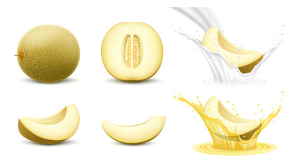 Set of fresh whole, half, cut slice melon fruit isolated on white background. Melon in milk splash and juice splash. Honeydew melon. Summer fruits. Organic fruit. Realistic 3d Vector.