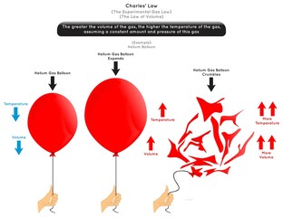 Charles Law Infographic Diagram Example helium balloon when volume increase temperature increase then crumble gas amount pressure constant experiment observation physics science education vector - obrazy, fototapety, plakaty