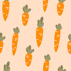 Seamless pattern with fresh carrots in pastel colors. Minimalistic illustration food in flat style for fabric, wallpaper and textiles. Vector.