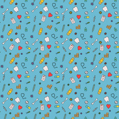 Colored seamless medicine pattern. Doodle vector with medicine icons on blue background. Vintage medicine icons