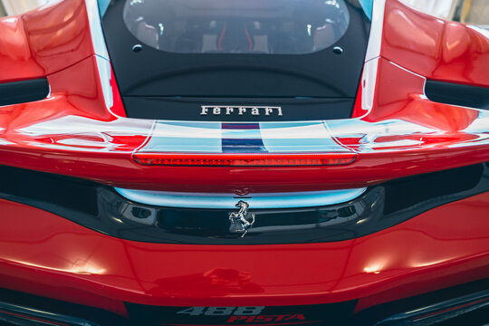Ferrari 488. Engine window. Luxury sport car. Motor compartment.