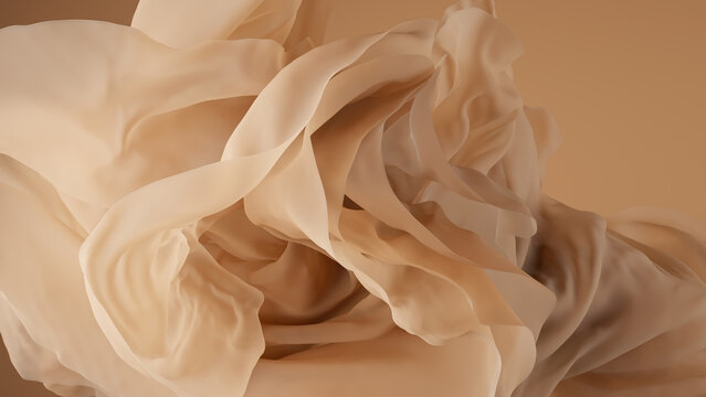3d render, abstract beige background with delicate vintage waving veil, floating drapery, crumpled silky textile, wavy fashion wallpaper with cloth macro