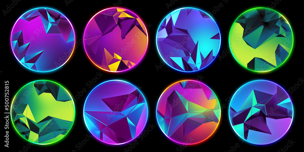 Poster 3d render, collection of assorted round stickers with colorful crystallized metallic faceted texture