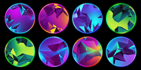 3d render, collection of assorted round stickers with colorful crystallized metallic faceted texture. Circles isolated on black background