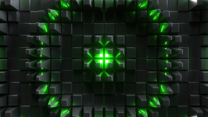 3d render, abstract black technological background with geometric texture and green light, cyber wallpaper