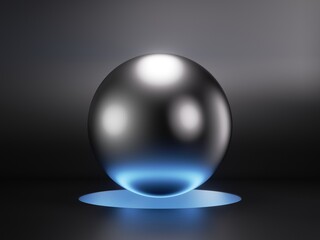 3d render, abstract geometric background with levitating metal ball illuminated with blue neon light
