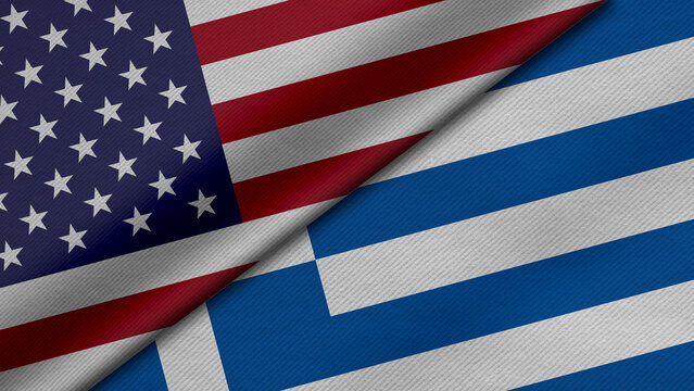 3D Rendering of two flags from United States of America and greece together with fabric texture, bilateral relations, peace and conflict between countries, great for background