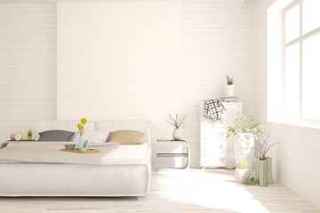 Obraz na płótnie Canvas Soft color bedroom interior. Scandinavian design. 3D illustration