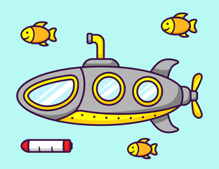 Cute War Submarine in Cartoon. Vehicle Vector Illustration. Flat Style Concept.