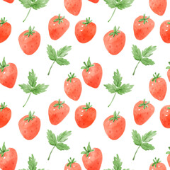 Watercolor seamless pattern of strawberry with leaves. Hand-drawn illustration isolated on the white background.